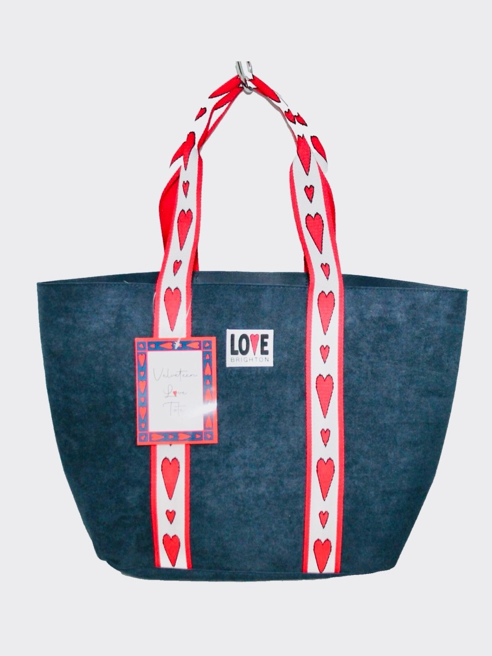 Brighton Velveteen Love Tote in Navy with Red and White Heart-Strap Accents